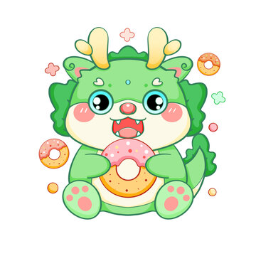 龙年新年春节卡通绿色甜甜圈龙