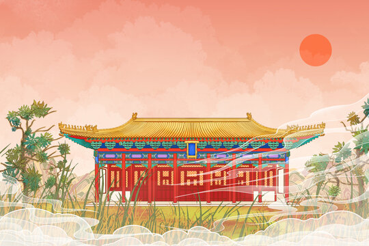 北京地标古建筑国风插画雍和宫