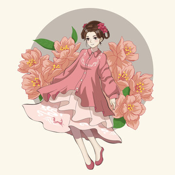 中国风插画鲜花少女