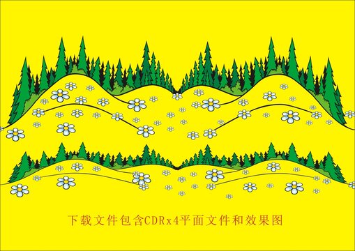 矢量树木森林草坡草地野花山坡