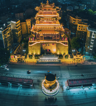 航拍广西柳州西来寺夜景