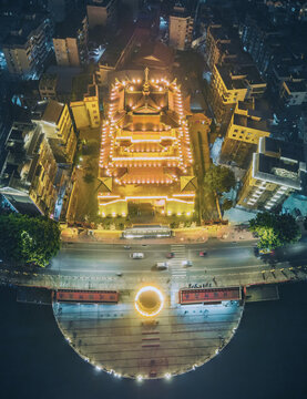 广西柳州西来寺夜景航拍