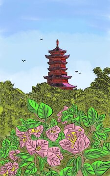 宝塔楼建筑风光楼阁钟楼插画