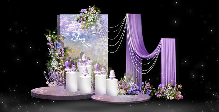 蓝紫色婚礼甜品区