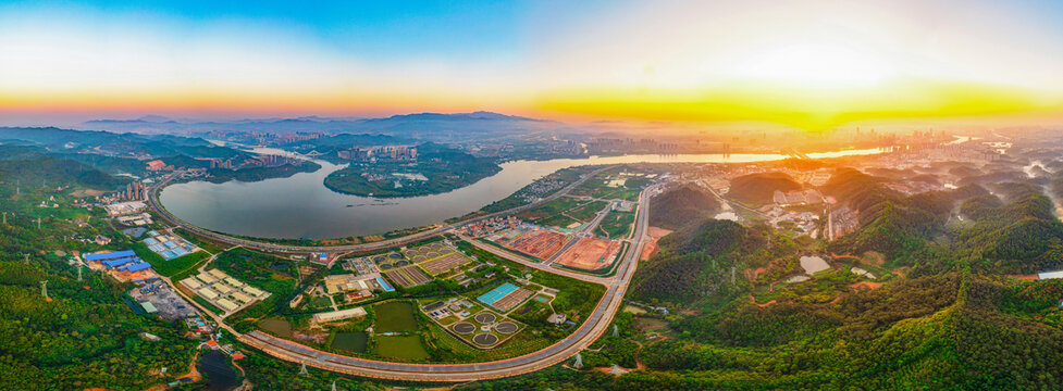 惠州惠城城市夕阳航拍图