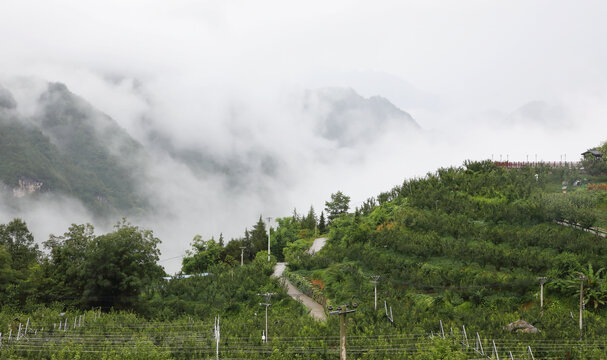 西部山区云雾缭绕远山背景