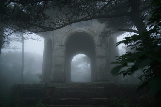 林间迷雾与亭台