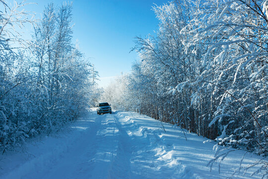 冬季森林道路积雪越野车
