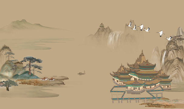 中式阁楼山水画