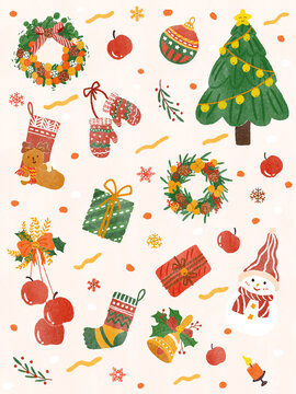 水彩风圣诞节新年插画贴纸