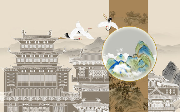 新中式高端楼阁刺绣背景