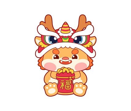 可爱卡通醒狮中国龙财神