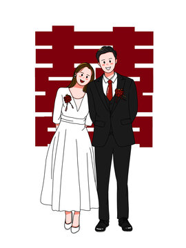 手绘插画新中式可爱新郎新娘