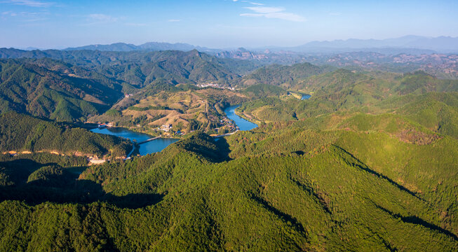 航拍山村乡村河流生态环境