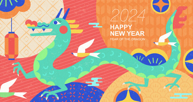 可爱手绘风东方龙翱翔在彩色背景新年插图