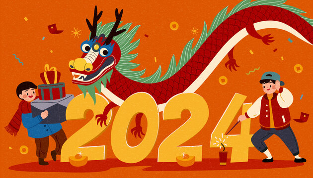 东方龙与小孩在2024周围欢乐庆祝新年插图