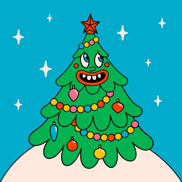 时髦的嬉皮士圣诞树　复古卡通插图