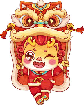 龙年中国风新年舞狮喜庆插画