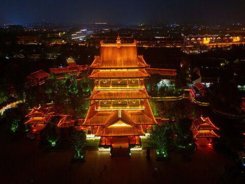 航拍台儿庄古城复兴广场夜景