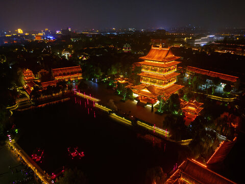 航拍台儿庄古城复兴广场夜景