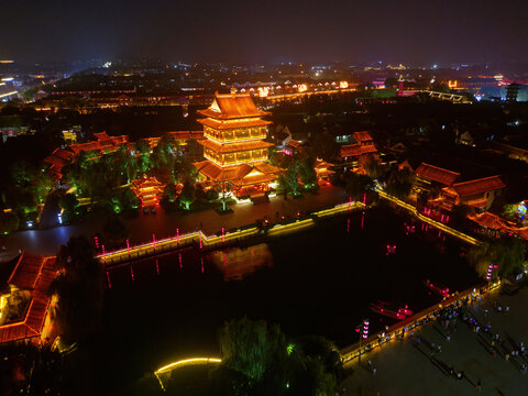 航拍台儿庄古城复兴广场夜景