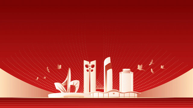 潍坊地标建筑红色周年背景