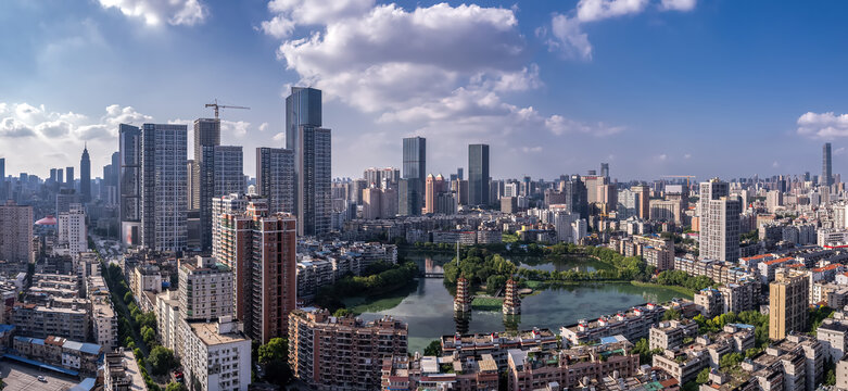 航拍武汉现代建筑街景