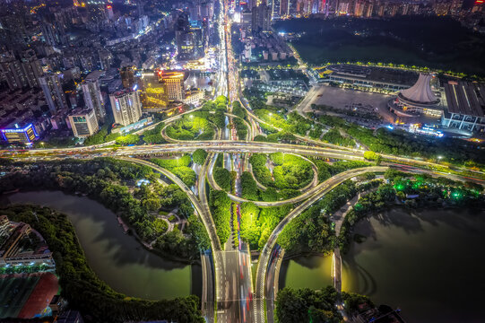 航拍南宁城市道路夜景