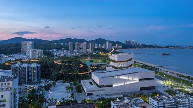 航拍珠海城市海岸线夜色