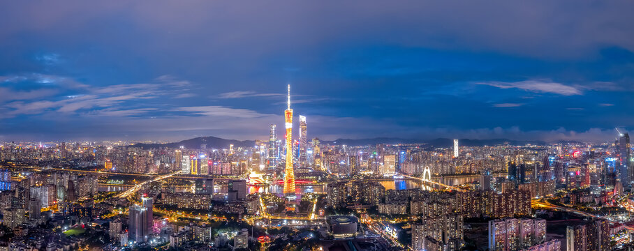 航拍广州城市中轴线夜景