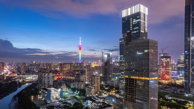 航拍广州摩天大楼夜景