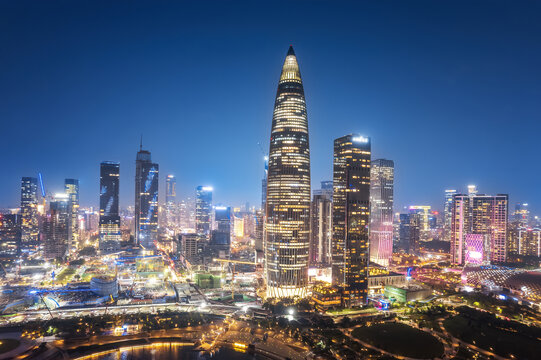 航拍深圳城市海岸线夜景