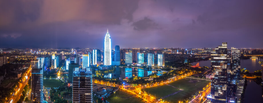 航拍绍兴城市建筑景观夜景