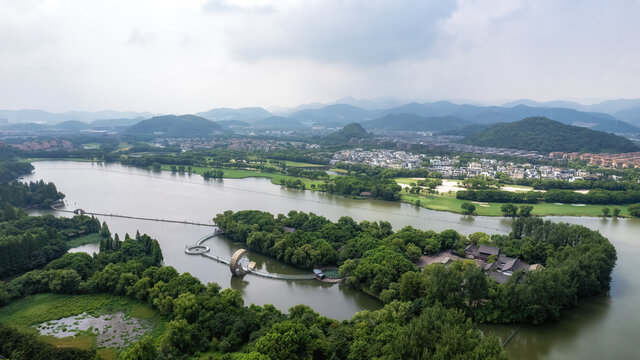 航拍绍兴柯桥园林风景