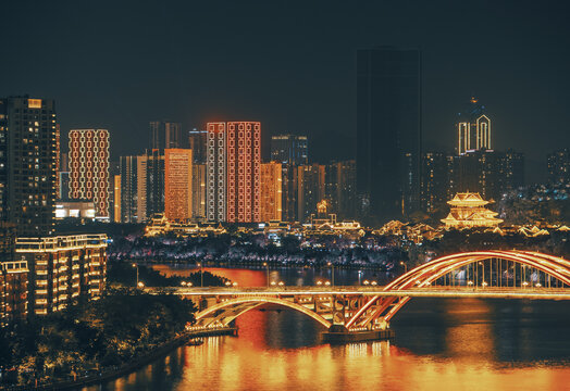 柳州文惠桥与河东新区建筑群夜景