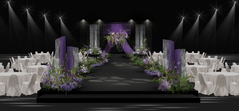 银紫色小众婚礼舞台效果图