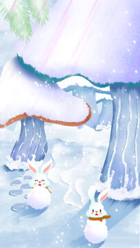 雪景一角系列插画蘑菇林滚雪球