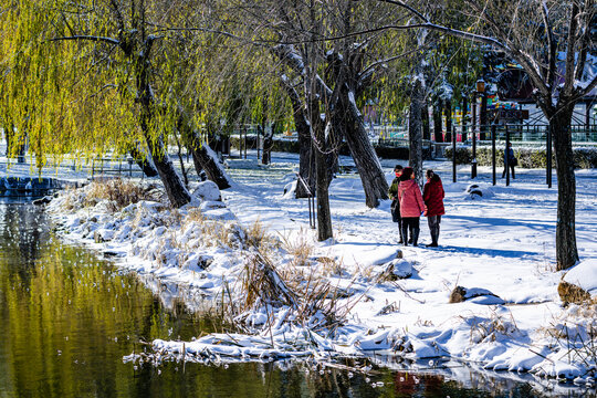 初雪后的中国长春南湖公园雪景