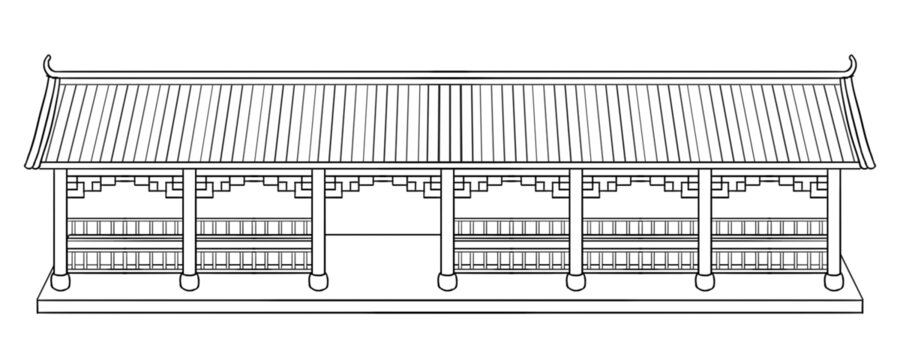 中式建筑古代凉亭长廊白描线稿