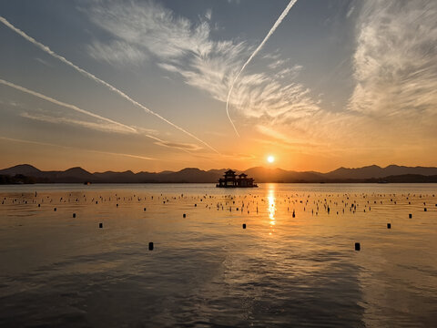 杭州西湖美景晚霞夕照