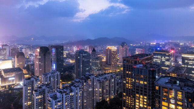 航拍杭州西湖文化广场夜景