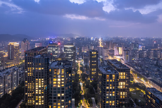 航拍杭州老城夜景