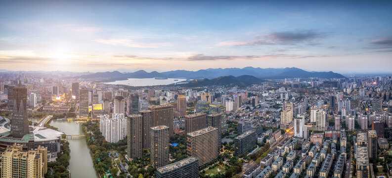 航拍杭州西湖城市景观全景