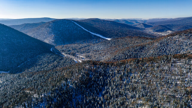 中国雪乡羊草山森林与山路雪景