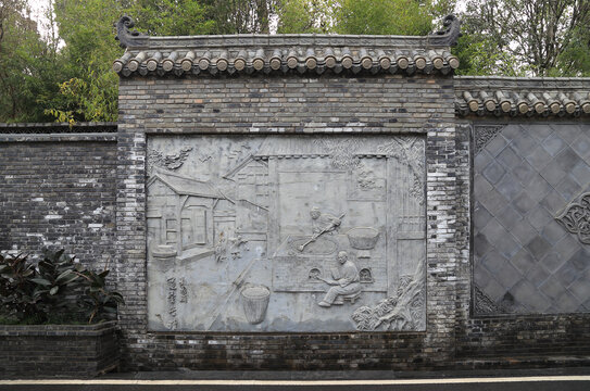 灶台苦读砖雕枫香湖公园立体浮雕