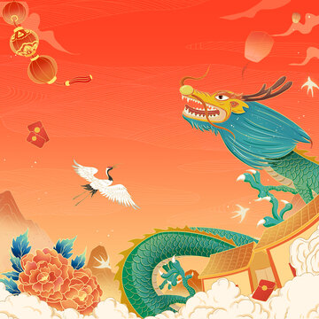 中国风龙年春节手绘插画