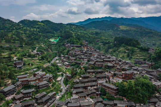 航拍贵州西江千户苗寨山景