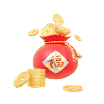 3D新年福袋金币图标元素