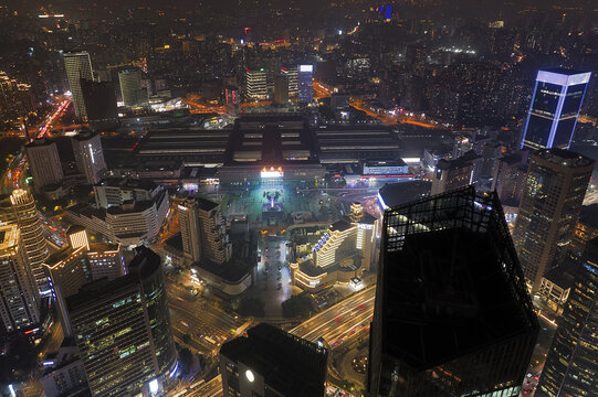 上海静安不夜城航拍城市风光夜景