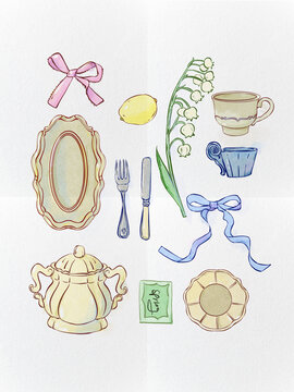 手绘风法式餐具图案花纹元素组合